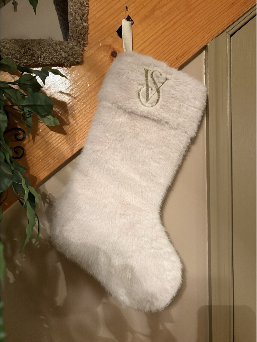 Victoria’s Secret Christmas Stocking Exclusive White Faux Fur Gold Lettering NWT